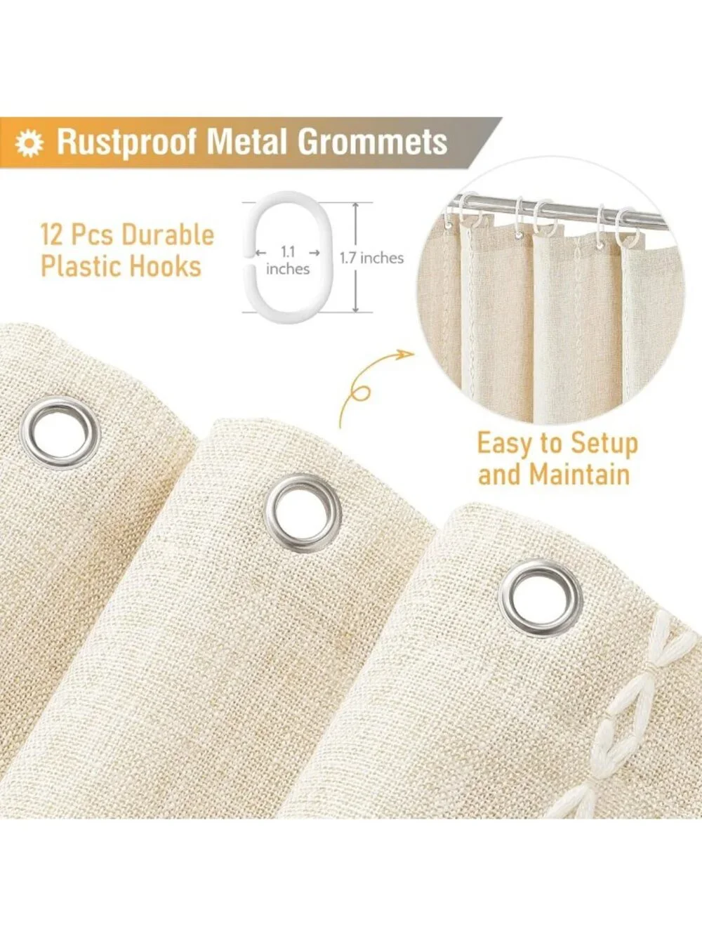 Cream Boho Farmhouse Linen Shower Curtain Set, Heavy Duty, 72x72, Beige Decor